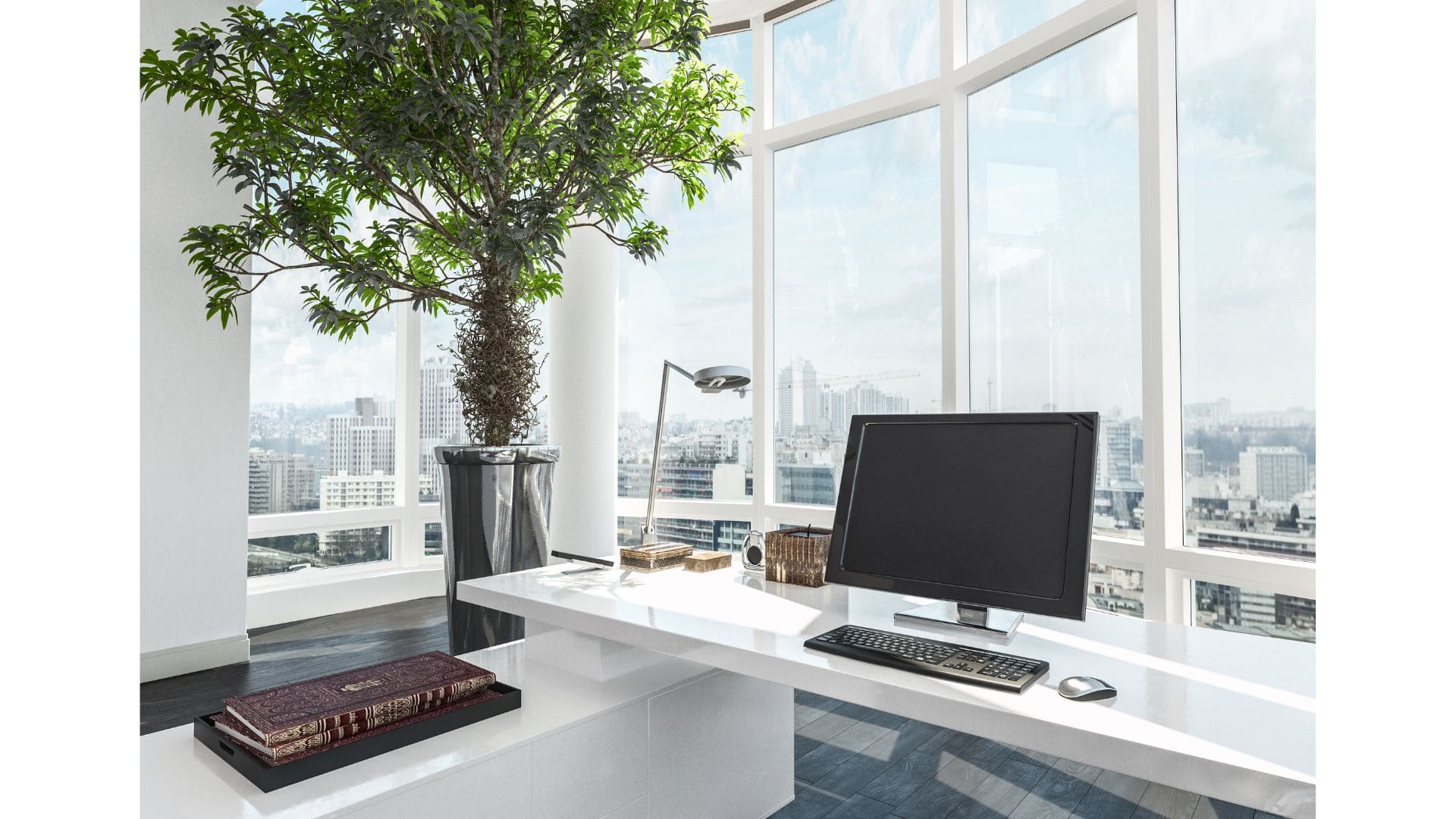 Espacio de trabajo moderno y profesional con computadora, representando un entorno de productividad de Microsoft 365.