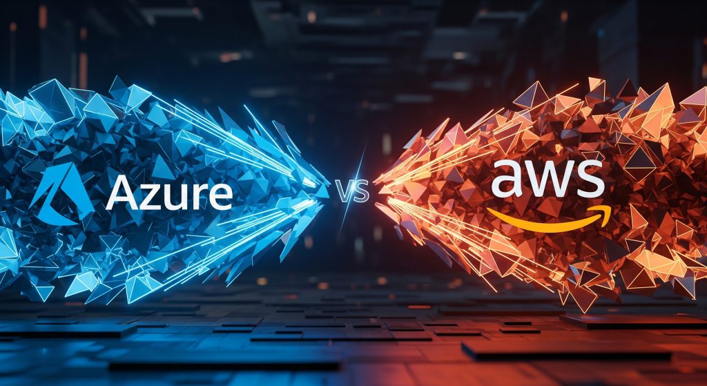 Comparativa visual de Azure vs AWS con los logos de ambas plataformas sobre un fondo abstracto y tecnológico en colores azul y naranja que simboliza la competencia en la nube.