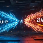 Comparativa visual de Azure vs AWS con los logos de ambas plataformas sobre un fondo abstracto y tecnológico en colores azul y naranja que simboliza la competencia en la nube.
