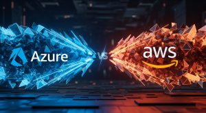 Comparativa visual de Azure vs AWS con los logos de ambas plataformas sobre un fondo abstracto y tecnológico en colores azul y naranja que simboliza la competencia en la nube.