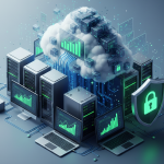 Portada corporativa sobre arrendamiento tecnológico, con equipos de cómputo modernos, servidores y nube digital, acompañados de gráficos de crecimiento y un escudo que representa la ciberseguridad.