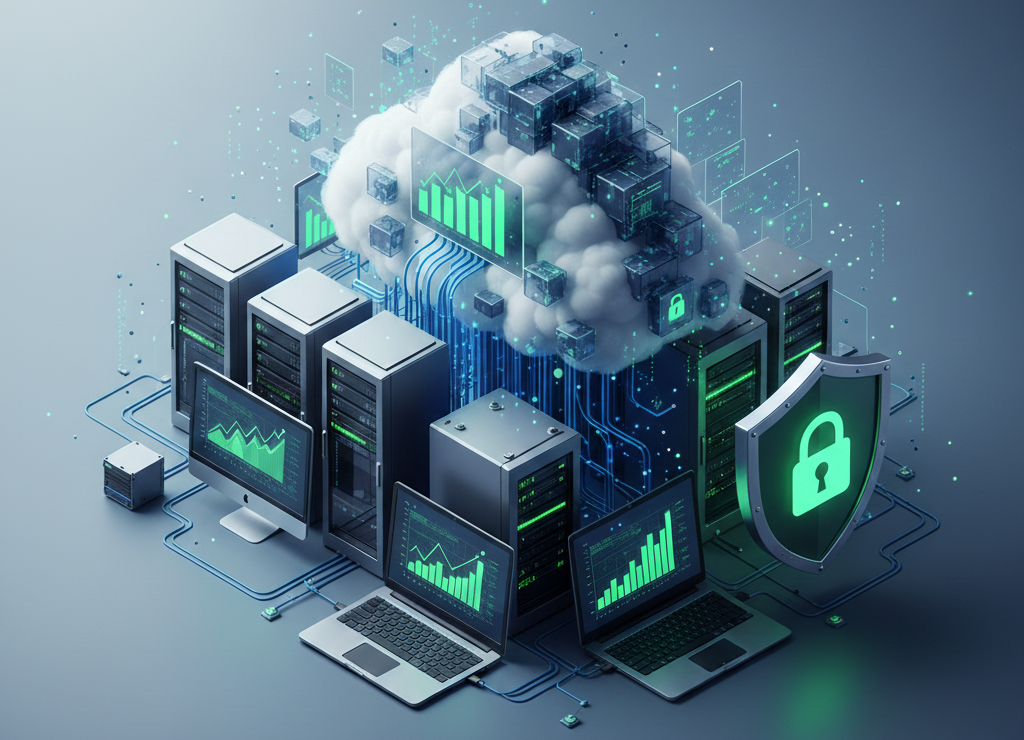Portada corporativa sobre arrendamiento tecnológico, con equipos de cómputo modernos, servidores y nube digital, acompañados de gráficos de crecimiento y un escudo que representa la ciberseguridad.